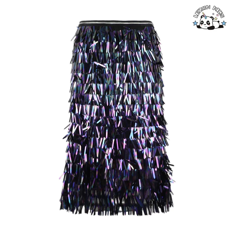LEZONKIDS - Super Fantasy Color Tassel Sequins High Waist Hip Wrap Skirt Half Skirt Reworked Color Beads Slim Fit One Step Skirt Mid Length
